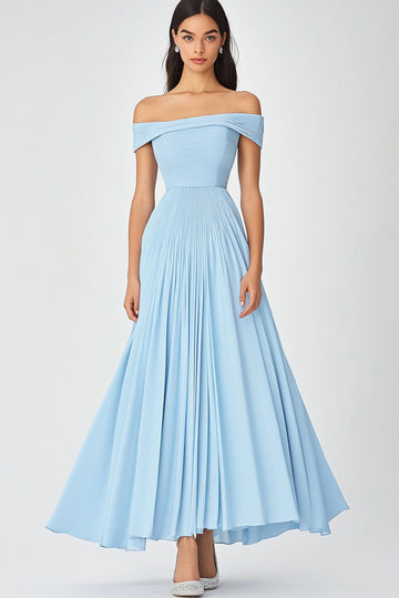 Off the Shoulder Himmelblå En linje rynket chiffon formell kjole